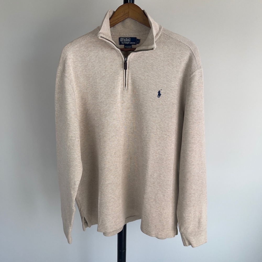 Polo Ralph Lauren Mens Large Oatmeal Heather Cotton Quarter Zip Pullover Sweater